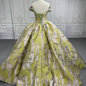 Robe de bal en tissu brocart floral 3D or jaune, épaules dénudées, style princesse, 6568-B - Product Image 4