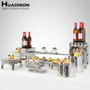 Huadison Hotel Apparatuur Zilver Cake Stand Set Roestvrij Staal Gehamerd Buffet Dessert Voedsel Staan Met Marmeren Borden