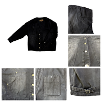 Jaket Denim Kerja Pria Desainer Jepang Kerah V Multi Saku Tempel Kancing Logam Tidak Beraturan Vintage Hitam Dicuci Musim Dingin