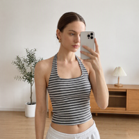 Débardeur court en maille 2-en-1 pour femme, style rétro, col licou, color block, respirant, léger, anti-transpiration, extensible dans les quatre sens, avec coutures, pour le yoga