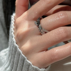 Bague en argent pur S925, motif floral CNC, plaqué or 18 carats, luxe léger, simple, tendance, design de niche médiéval, ouverture croisée, incrustation - Product Image 4