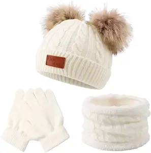 Custom Kids Winter Knit Lovely Cute Warm Thermal Pom Hats Unsex Beanie Hat Gloves Scarfs Neck Gaiter Scarf Hat Glove Sets