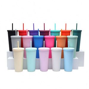Gobelets réutilisables en acrylique mat de 24 oz à double paroi, écologiques, en acier inoxydable et plastique, avec couvercles et pailles - Product Image 1