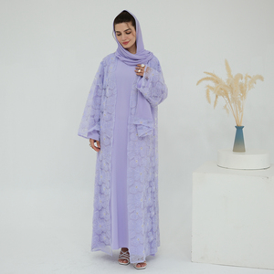Abbigliamento Islamico di Lusso Fatto a Mano Abaya 2025 Pizzo 3D Testurizzato Floreale con Perle Abaya Aperto da Donna Abito Musulmano Set Abaya 3 Pezzi - Product Image 6