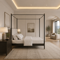 Lit plateforme minimaliste en fer forgé noir, style luxe discret et moderne, avec tête de lit à tiges, pour chambre principale