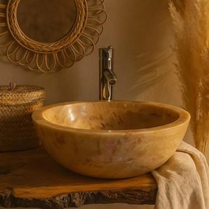 Ronde Gouden Honing Marmeren Vat Gootsteen Handgesneden Natuursteen Badkamer Ijdelheid Kom High-End Luxe - Product Image 2