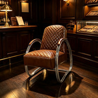 Fauteuil d'appoint moderne rétro en cuir véritable avec structure métallique, canapé individuel marron à motif losanges, fauteuil de loisirs pour salon