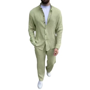 Survêtements décontractés deux pièces pour hommes à la mode vêtements tricotés Vintage confortables LOGO personnalisé bouton chemise plissée ensembles pour hommes - Product Image 4