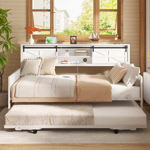 <span class=keywords><strong>Cama</strong></span> <span class=keywords><strong>nido</strong></span> doble estilo rústico con <span class=keywords><strong>cama</strong></span> <span class=keywords><strong>nido</strong></span> extraíble, estructura metálica, cabecero con librero, estación de carga y almacenamiento con puerta corredera tipo granero para dormitorio o almacén - Product Image 2