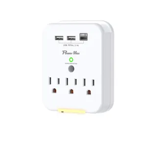 Tonghua 3 Way Wall plug with LED Night Light wall charger surge protector electrical wall plugs with usb ports