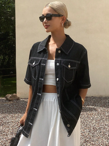 Phụ Nữ Thanh Lịch Bông Phụ Nữ Của Jean Áo Sơ Mi Retro Cowgirl Phong Cách Với Nút Phía Trước Và Ngắn Tay Áo Đồng Bằng Denim Tops - Product Image 2