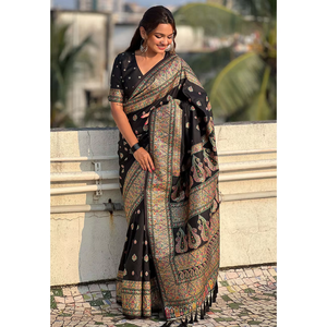 Sari en soie de Cachemire noir jade Elite Weaves avec tissage Zari, vêtements indiens et pakistanais, 700g - Product Image 6