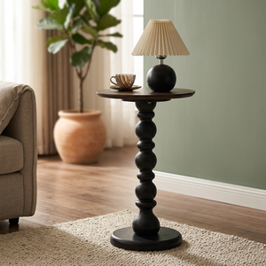 Modern Round Wood <b>Coffee</b> <b>Table</b> With Turned <b>Leg</b> Base Midcentury Design Living Room Furniture - Product Image 2
