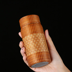 Handmade Bamboo Woven <b>Titanium</b> Thermos Cup With Temperature Display Portable Travel Tea Cup Water Bottle Kettle - Product Image 1