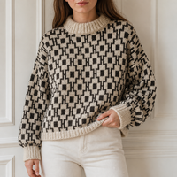 Pull en maille jacquard épais personnalisé pour femme, col rond, crème et marron, motif losanges intégral, usine OEM ODM