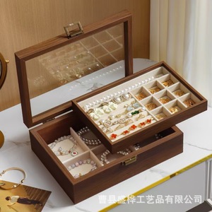 Caja de joyería de madera de doble capa con tapa abatible, compartimento acrílico para almacenamiento de anillos, pendientes, collares, organizador rectangular 18L - Product Image 5