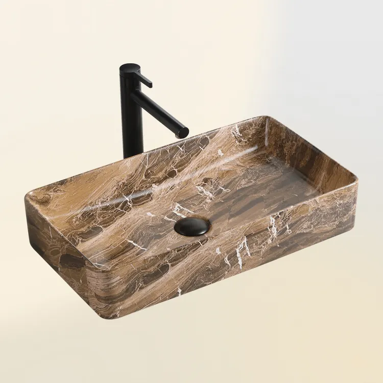 Горячая распродажа матовая коричневая фарфоровая раковина для ванной комнаты с мраморным узором Прямоугольный умывальник