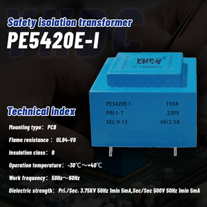 หม้อแปลงไฟฟ้าแบบติดตั้งบนแผงวงจรพิมพ์ชนิดอีพ็อกซี่ซีล YHDC PE5420E-I ขนาด 15VA 110/220/230/380V AC ได้รับการรับรองมาตรฐาน UL94-V0 CE/RoHS เสียงรบกวนต่ำ 3.75KV ไดอิเล็กทริก - Product Image 2