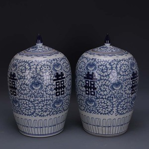 Wholesale China Decorative <strong>Large</strong> <strong>Jars</strong> Porcelain Blue White Ceramic Storage <strong>Jar</strong> with Happiness Words Set of 2 - Product Image 2