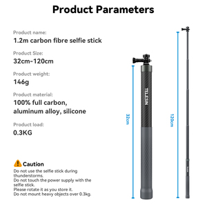 Bâton de selfie portable Telesin pour <span class=keywords><strong>Go</strong></span> <span class=keywords><strong>Pro</strong></span> <span class=keywords><strong>Hero</strong></span> 13 DJI Action <span class=keywords><strong>5</strong></span> Caméras sportives 1,2 mètres extensible en fibre de carbone - Product Image 5