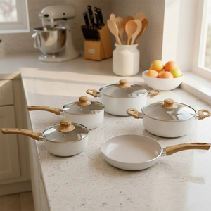 Modern <b>Ceramic</b> Marble Coated Pot <b>Pan</b> Glass Lids Bakelite Handles Non-Stick Aluminum Cookware Set Induction Compatible Dishwasher - Product Image 6