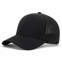 Casquette Trucker Unisexe Noire Performance avec Découpe Laser, Ventilation, Snapback, Visière Courbe, Respirante, Six Panneaux, Vente en Gros