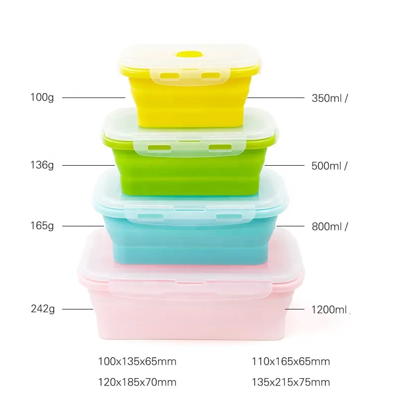 4 Stück Bpa Free Food Grade Silikon Faltbare faltbare mikrowellen geeignete Lebensmittel behälter Zusammen klappbare Brotdose Set Silikon Lebensmittel lagerung