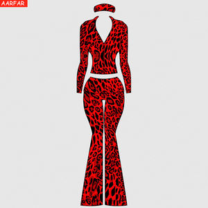 طقم قطعتين بنقشة الفهد للنساء، ملابس مصنعة حسب الطلب مع شعار مطرز، ملابس منزلية ورياضية بنقشة الفهد - Product Image 3