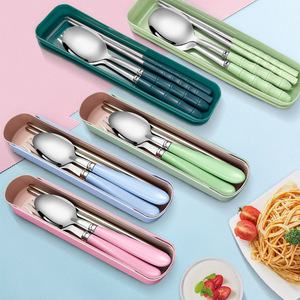 Stainless steel portable cutlery set (fork, spoon, chopsticks, three-piece set), student portable travel <b>kitchen</b> <b>storage</b> box, - Product Image 1