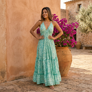 Vestido maxi de algodón con estampado floral bohemio natural, cuello en V, tirantes finos, cintura imperio, corte en A, largo hasta el suelo, vestido de verano para mujer - Product Image 2
