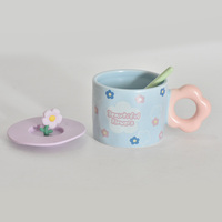Mug en céramique grès à motif végétal avec petit motif floral, écologique, personnalisable, avec couvercle et cuillère en plastique portables