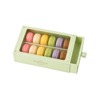 Boîte coulissante personnalisée avec fenêtre transparente pour douze macarons, idéale pour chocolats et macarons faits maison avec logo sur mesure