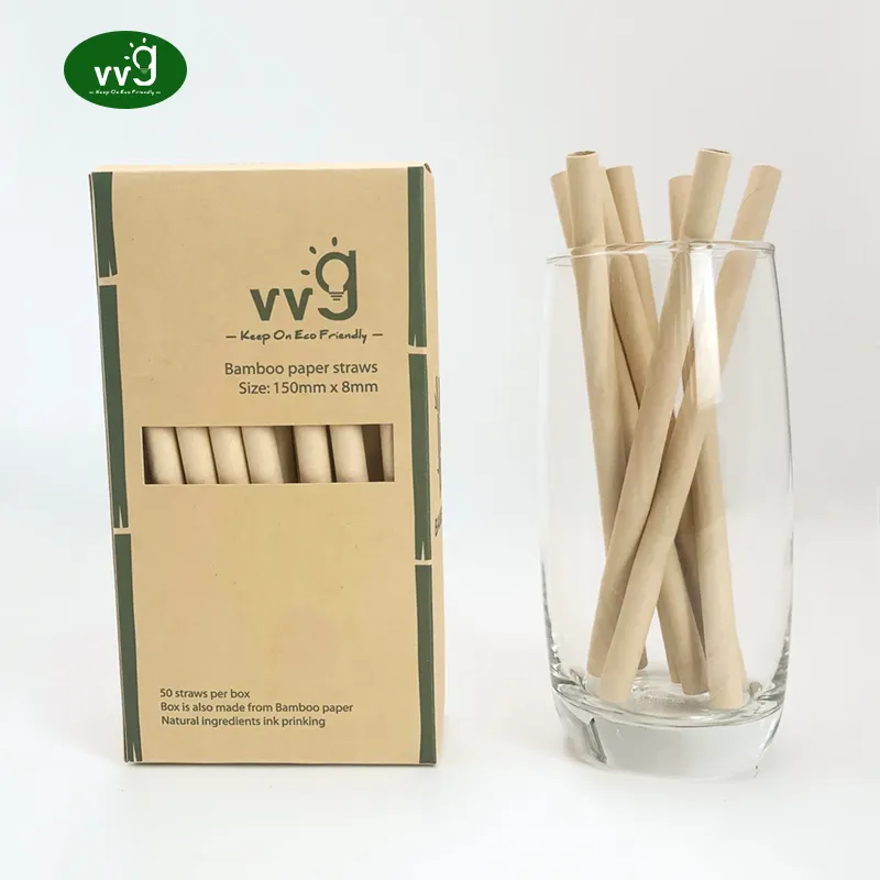 VVG paja de papel de bambú biodegradable ecológica de alta calidad 150*8mm paja de fibra de bambú compostable paquete de 50