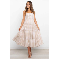 4483 Robe décontractée personnalisée rétro à carreaux gingham, à volants, à bretelles spaghetti, col carré, coupe fluide trapèze, grande taille, pour l'été et les vacances à la plage