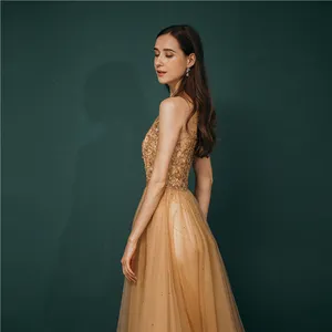 Gaun Pengantin Wanita Elegan, Gaun Acara Pernikahan Putri Duyung Panjang Kain Tule Emas