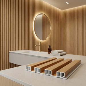 แผ่นผนังตกแต่งห้องน้ำ ECP 4-waves WPC Powder Room Vanity Backsplash Wall Panel - ระบบแผ่นผนังแบบ Slat สำหรับตกแต่งภายในที่ทันสมัย กันน้ำ 100% และกันความร้อน - Product Image 1