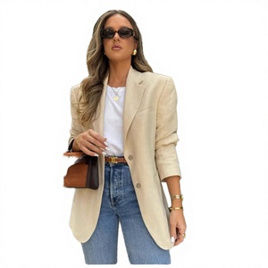 Blazer élégant et décontracté pour femme, coupe ajustée, en laine/soie, col mandarin, simple boutonnage, tissé respirant - Product Image 3