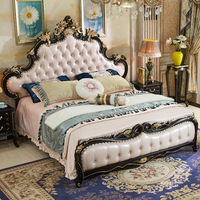 Lit double princesse en chêne massif européen, mobilier de chambre à coucher de luxe américain avec sculpture en cuir véritable, ensemble de luxe exclusif