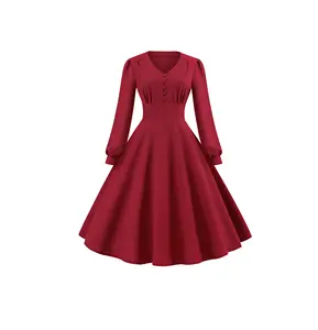 Женская модная Банкетная трапециевидная юбка высококачественное Повседневное платье с длинным рукавом и V-образным вырезом