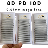 Stock disponible – Éventails de cils préfabriqués en fibre PBT coréenne, ultra-noirs 8D 9D 10D, tige courte 10 mm, 12 rangées
