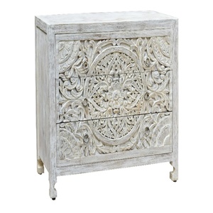 Armoire en bois sculptée à la main |   Meuble de rangement sculpté à motifs floraux blanc antique |   Buffet vintage / Commode d'appoint pour salon - Product Image 3