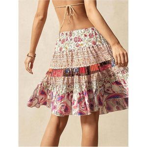 Women's <b>Boho</b> Paisley Short <b>Skirt</b> Tie Knot Flowy A Line Summer Vacation <b>Skirt</b> Cotton Bamboo Fiber Ruffles Breathable Asymmetric - Product Image 2