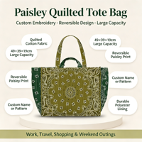 Sac fourre-tout de plage et de pique-nique style japonais à motif Paisley, matelassé, réversible, imprimé bandana, brodé, avec fermeture éclair, sac à bandoulière toutes saisons