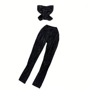 Women Y2k Casual Solid Short <b>Sequined</b> Beading Strapless <b>Top</b> High Waist Pants 2-Piece Set Woven Spandex/Cotton Summer - Product Image 5