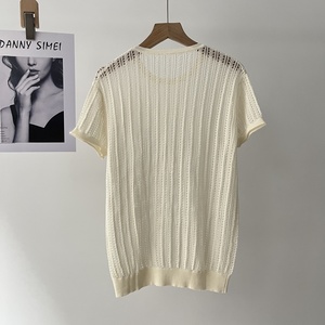 Spot Goods, Real Shot, eenvoudige kleurblokken, casual stijl, gebreide top van gedraaid katoen met korte mouwen, zomerkleding voor dames 16a-3477 - Product Image 2