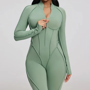 <span class=keywords><strong>Body</strong></span> sportivo Sexy Slim Fit da donna a righe manica lunga un pezzo con cerniera aperta sul retro anteriore aperta - Product Image 4