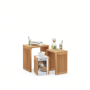 Teak Outdoor Garden <b>Side</b> <b>Table</b> <b>Set</b> 3 Piece Contemporary Wood Patio Furniture for Outdoor Use - Product Image 1