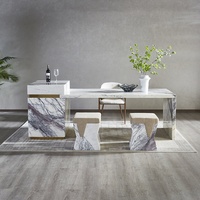 Table à manger intégrée en marbre blanc lilas de luxe léger avec tabourets et chaises assortis, design personnalisé, écologique et moderne