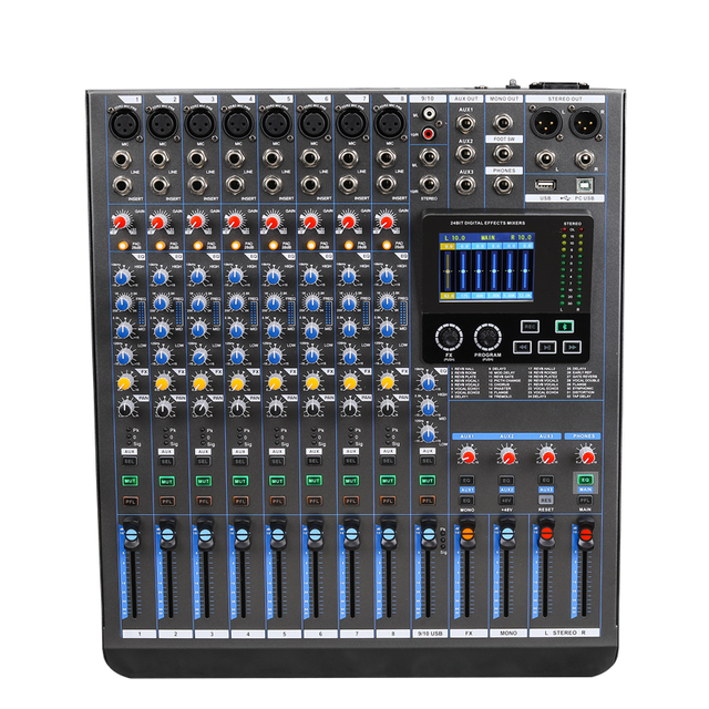 Dj Controller Audio Console Mixer Professional Audio Mixer with Led Screen 10 CH with PC USB Sound Card Playback and Recording