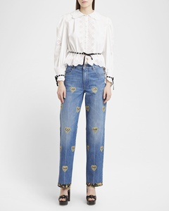 Blusa de Algodón para Mujer, Estilo Retro, con Estampado Floral, Manga Ancha, Corte Ajustado, Bordado, Cuello Abierto con Botones - Product Image 4